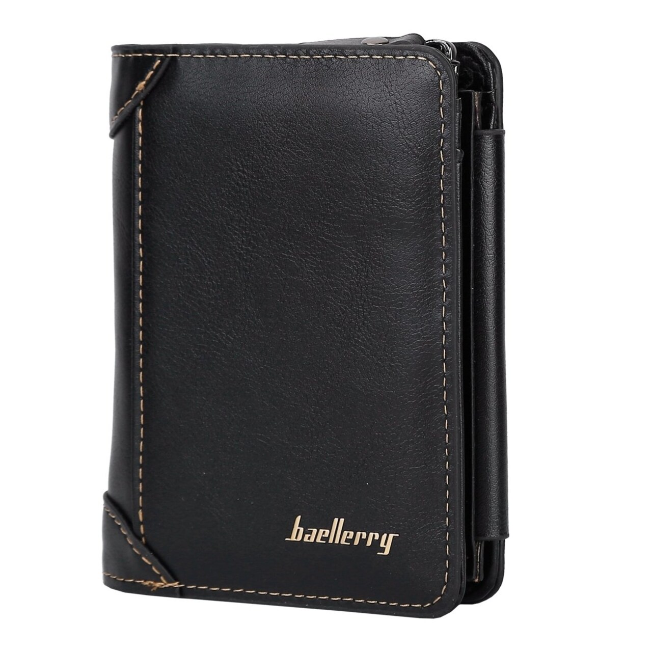 Mens Leather Trifold Wallet Black Pu Zipper Id Card Holder 14 Credit Cards